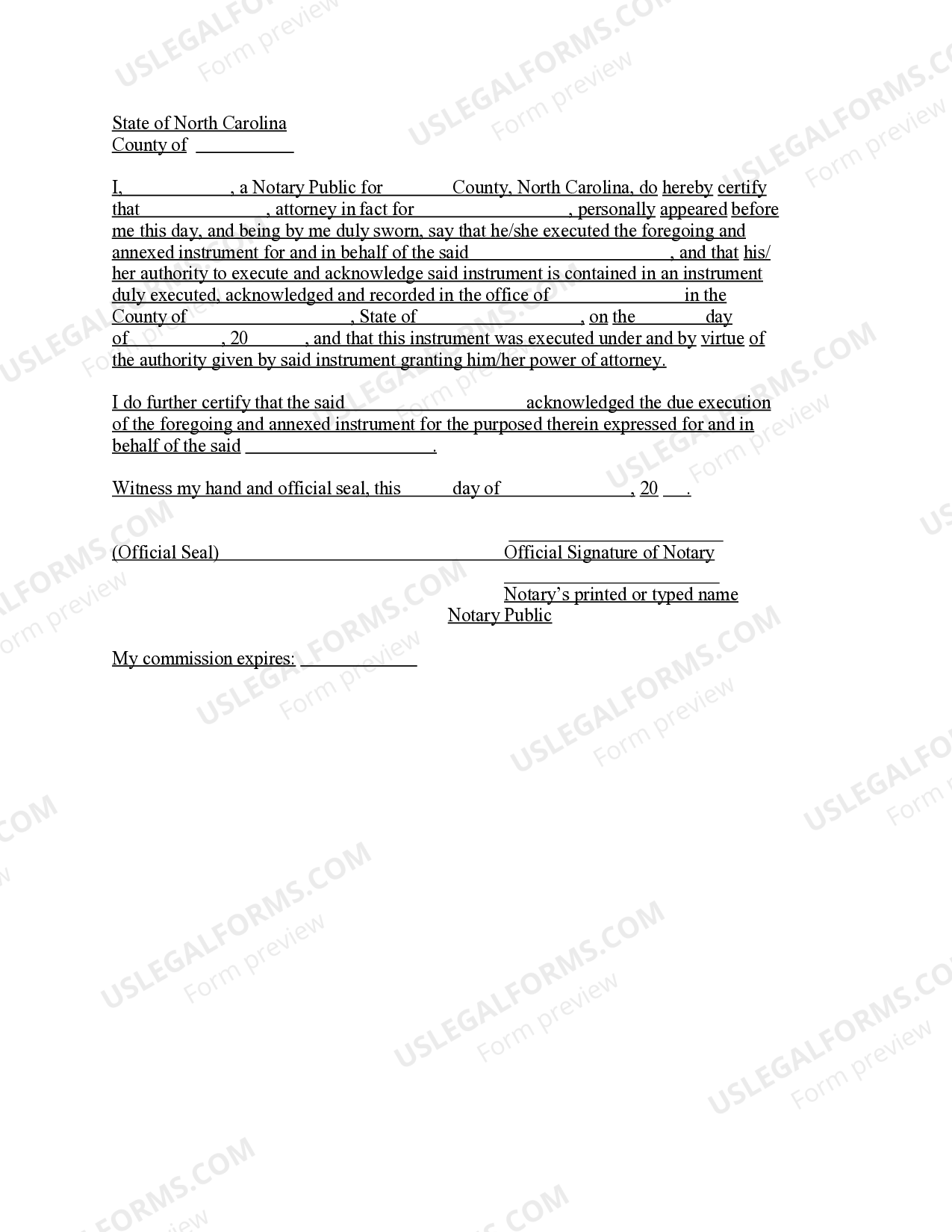 North Carolina Acknowledgment by Attorney in Fact | US Legal Forms
