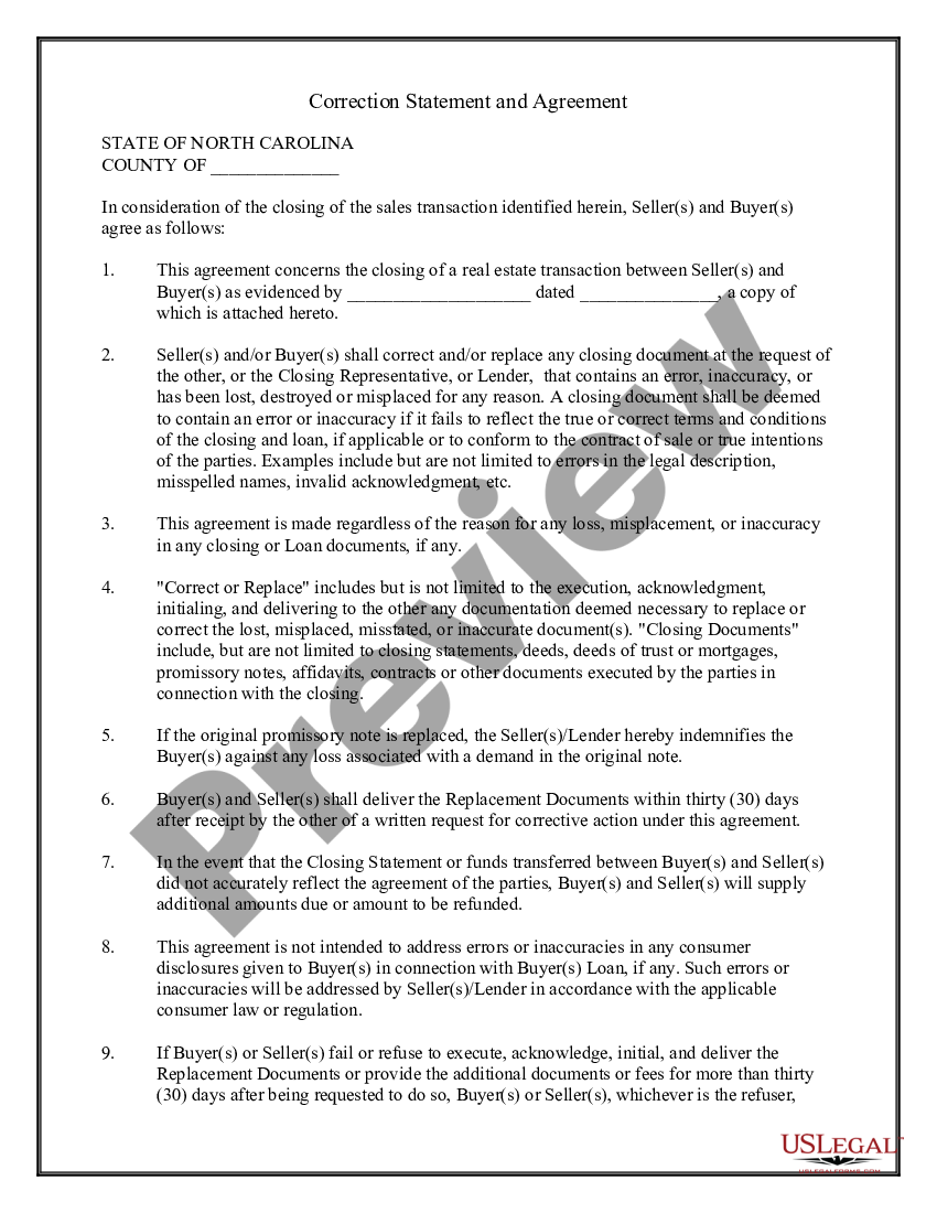 North Carolina Correction Statement And Agreement Us Legal Forms