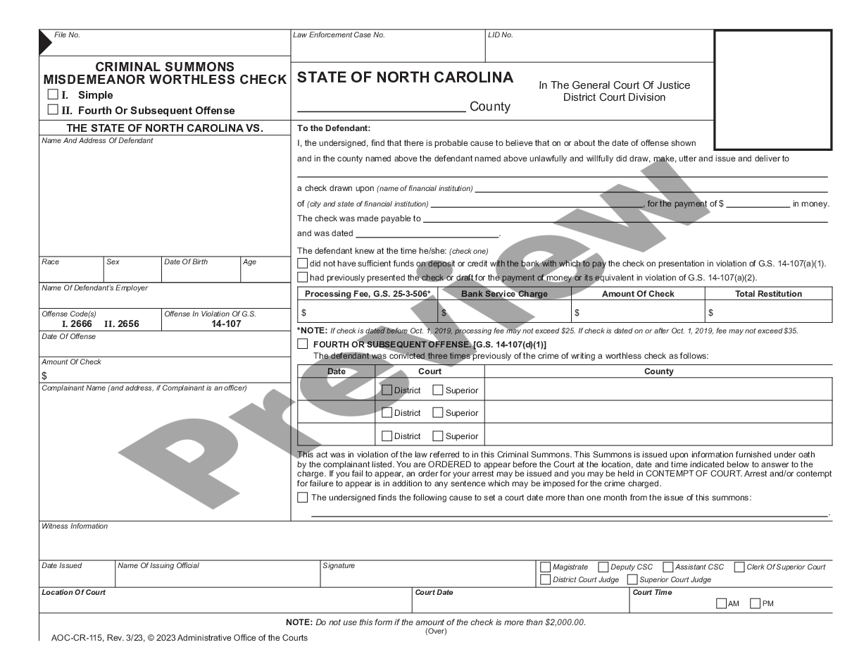 page 0 Criminal Summons - Misdemeanor Worthless Check preview