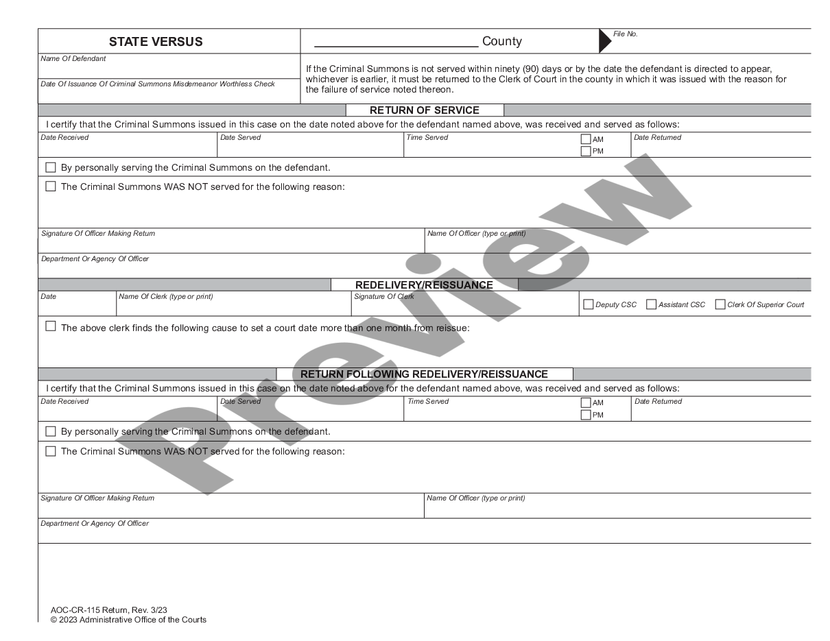 page 1 Criminal Summons - Misdemeanor Worthless Check preview