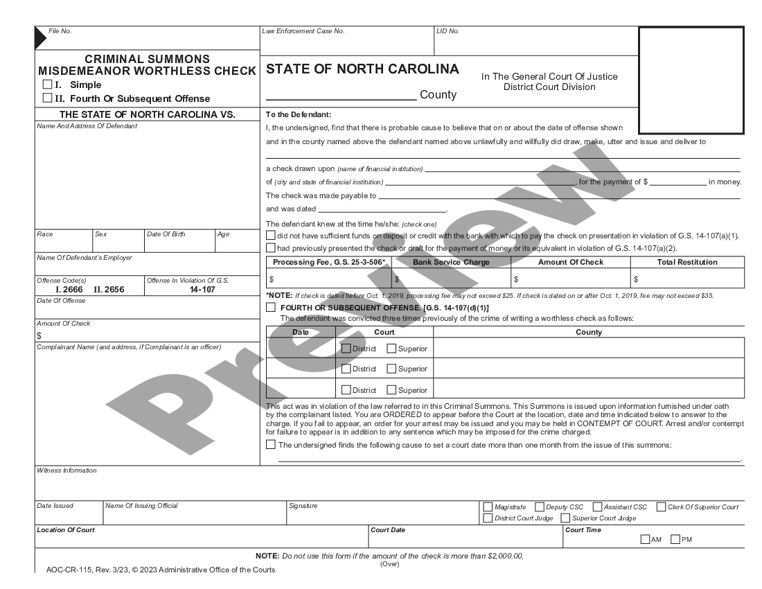 Charlotte North Carolina Criminal Summons Misdemeanor Worthless Check