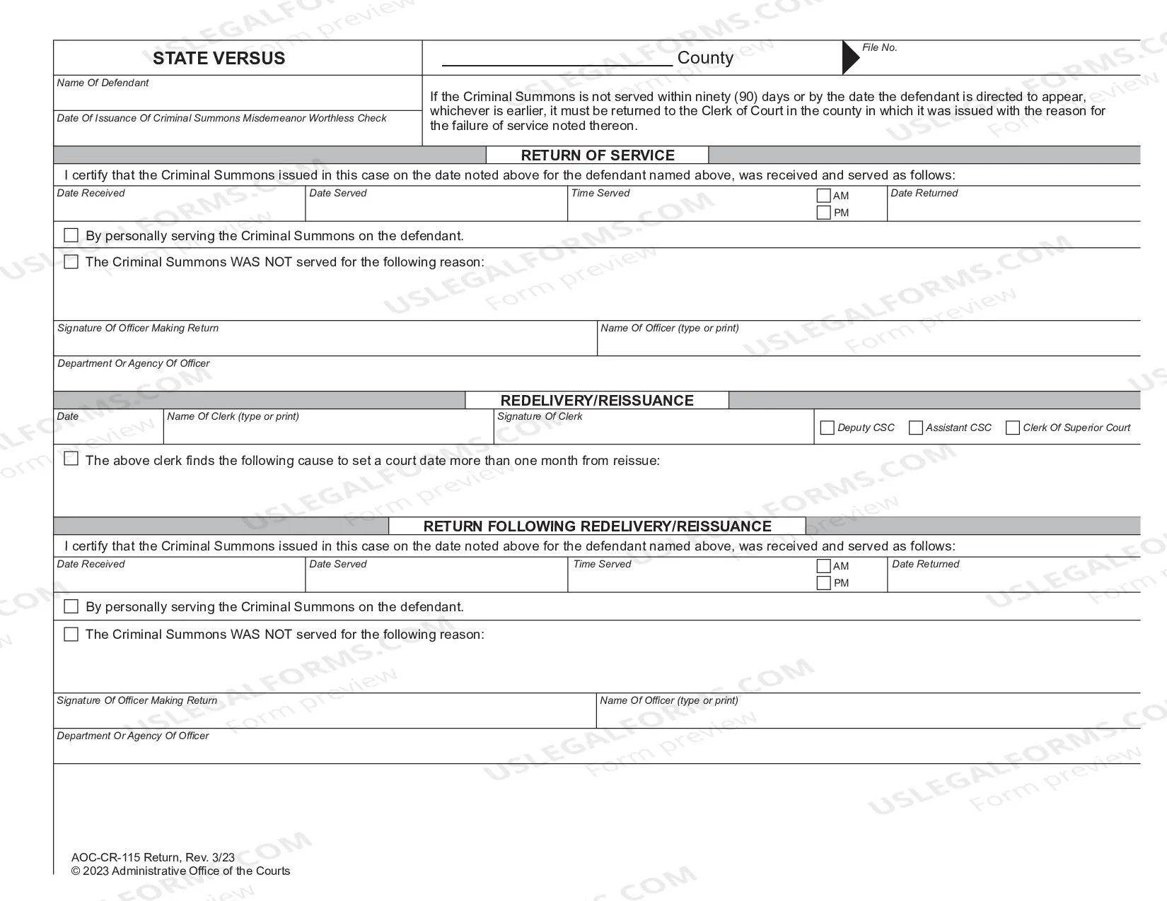 Preview Criminal Summons - Misdemeanor Worthless Check