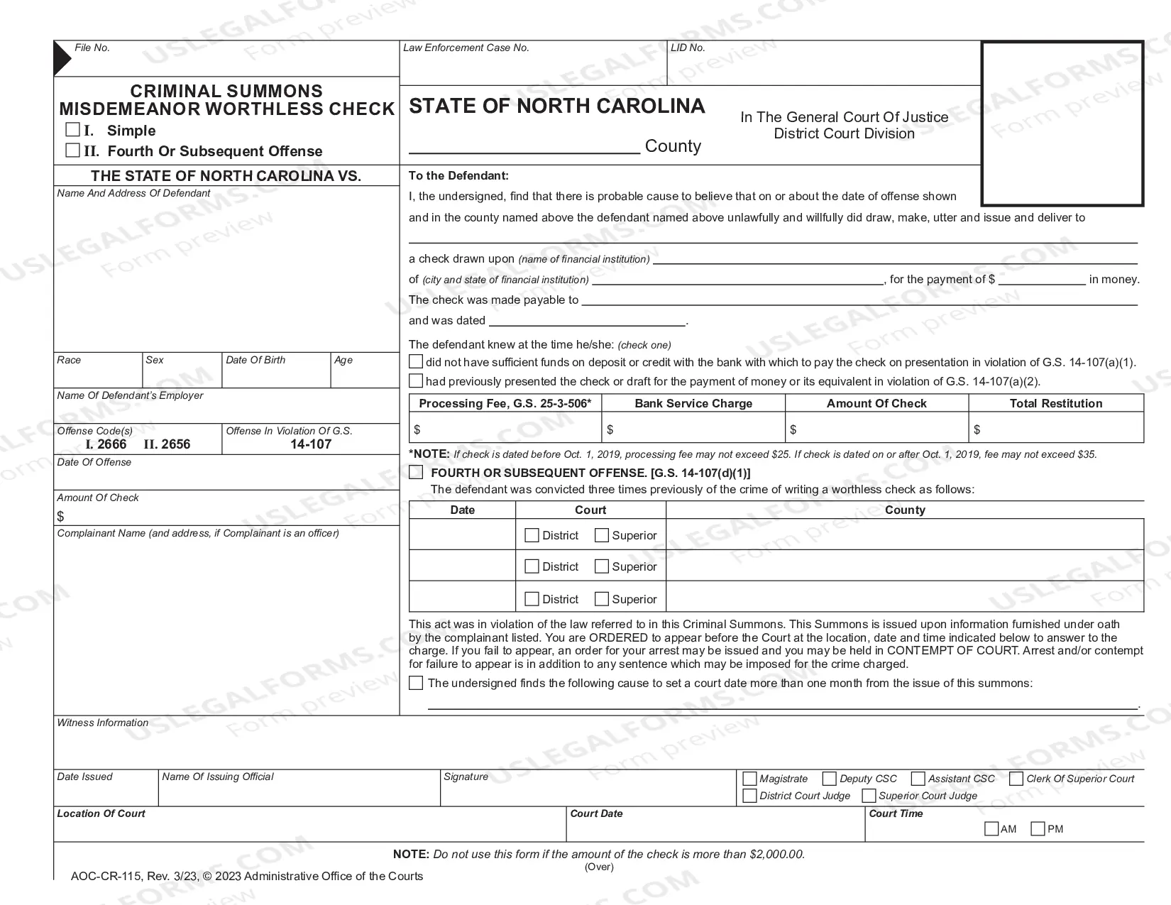 Preview Criminal Summons - Misdemeanor Worthless Check