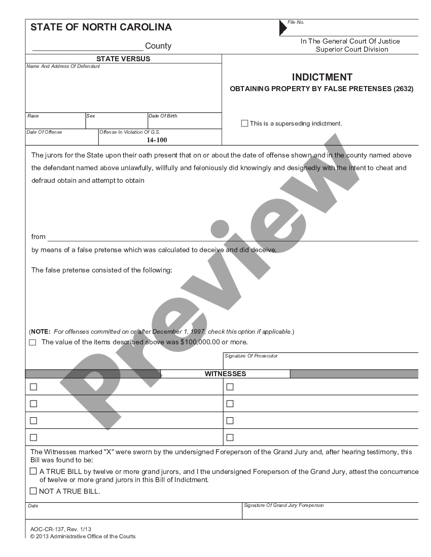 North Carolina Indictment Obtaining Property by False Pretenses