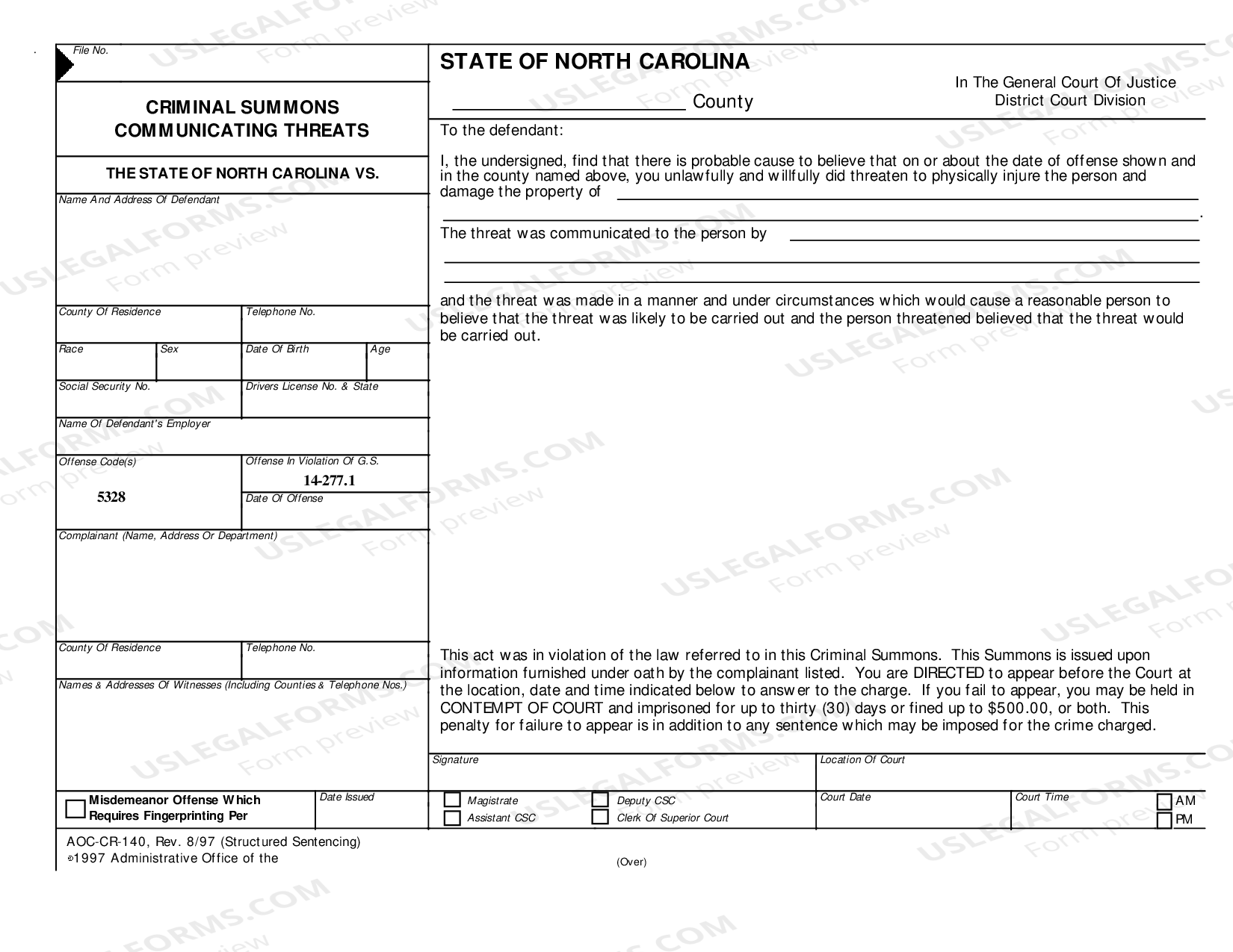 North Carolina Criminal Summons - Communicating Threats - What Is The