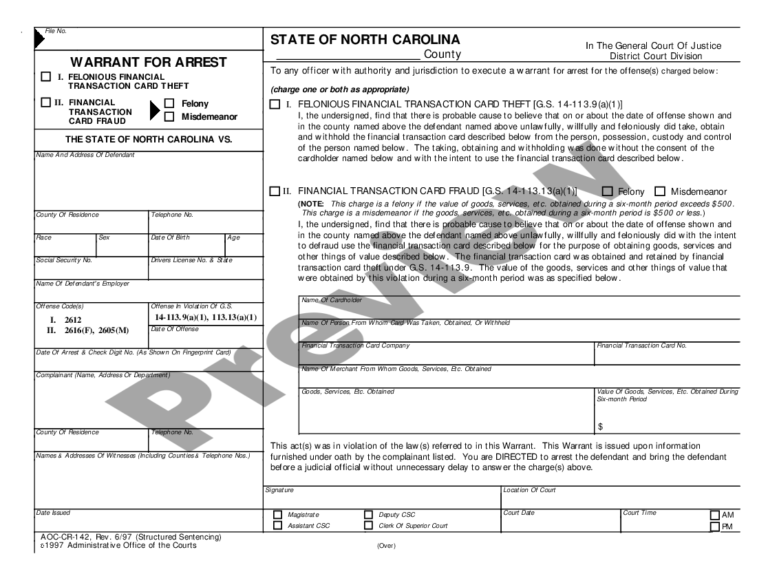 page 0 Warrant for Arrest - Felonious Financial Transaction Card Theft - Financial Transaction Card Fraud preview