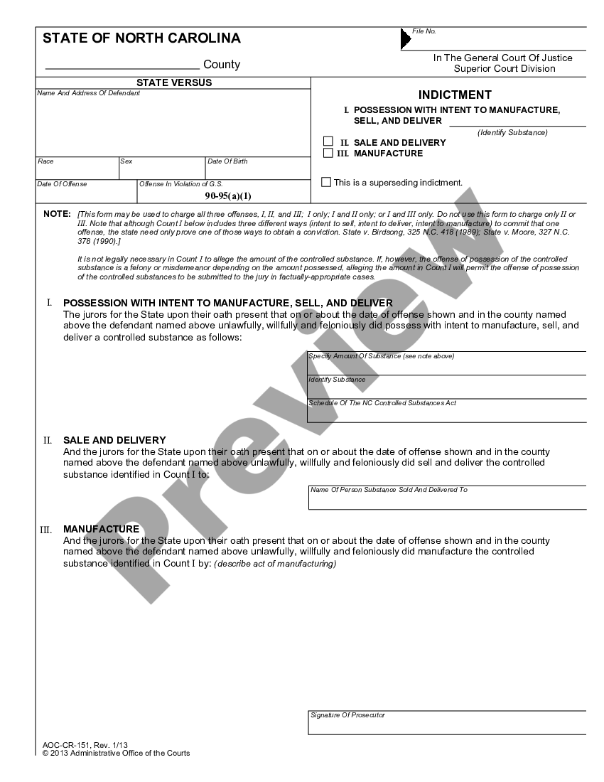 North Carolina Indictment - Possession With Intent to Manufacture, Sell ...