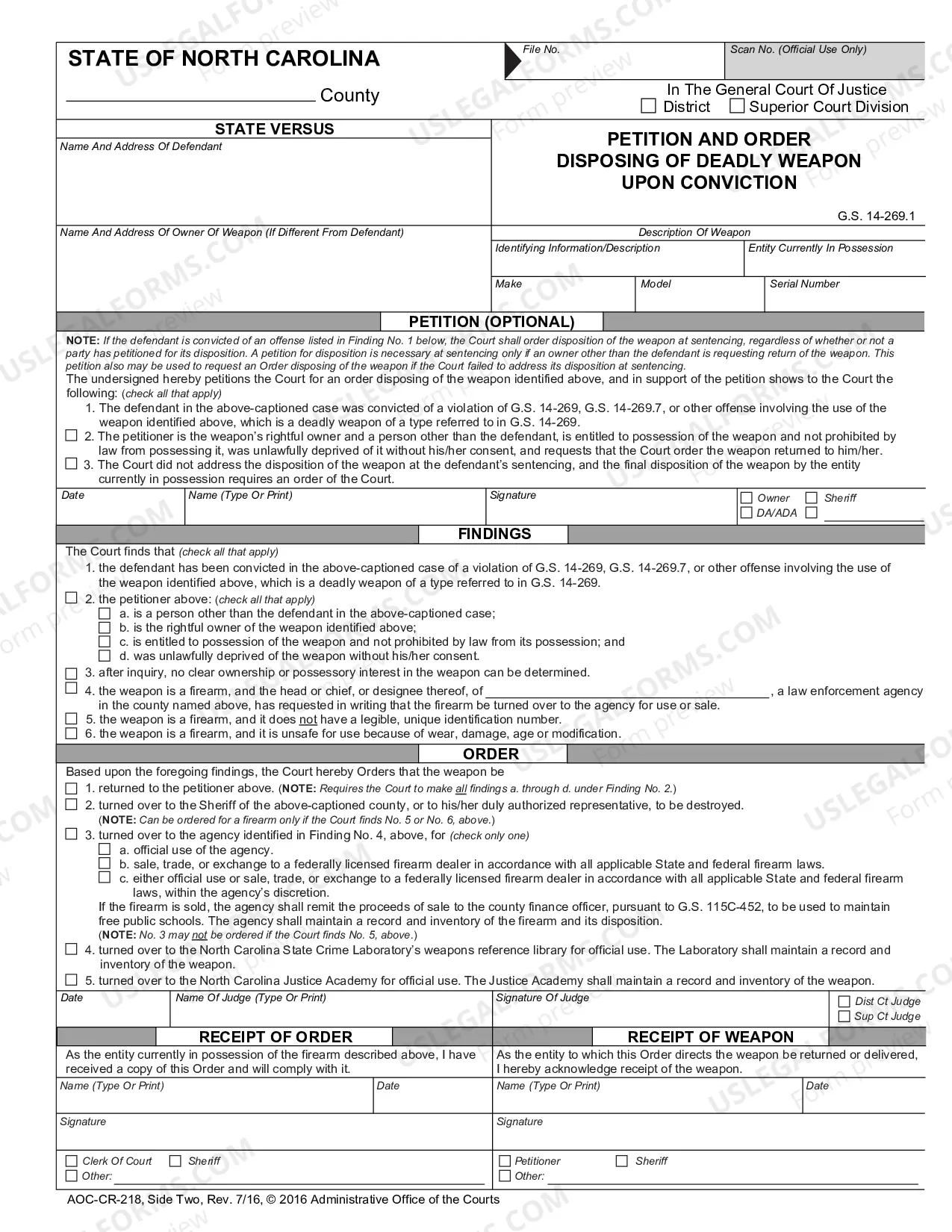 Preview Petition and Order Disposing Firearm - Without Conviction (Side One) Order Disposing of Weapon - Upon Conviction (Side Two)
