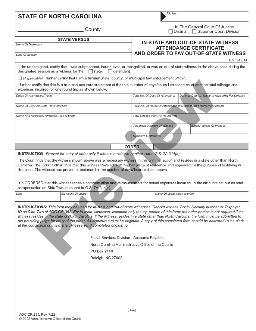 North Carolina Witness Attendance Certificate (Side One) - Order to Pay ...