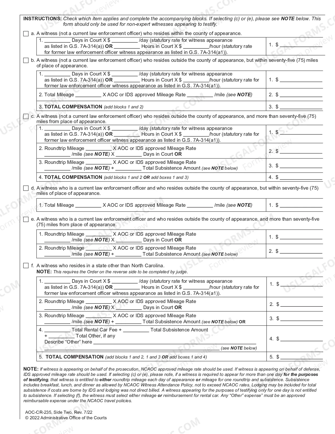 Preview Witness Attendance Certificate (Side One) - Order to Pay Out-of-State Witness (Side Two)