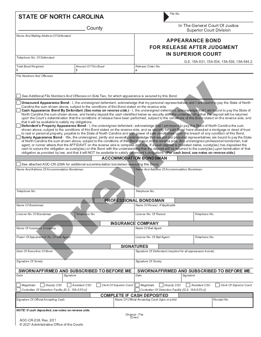 High Point North Carolina Appearance Bond for Release After Judgment in