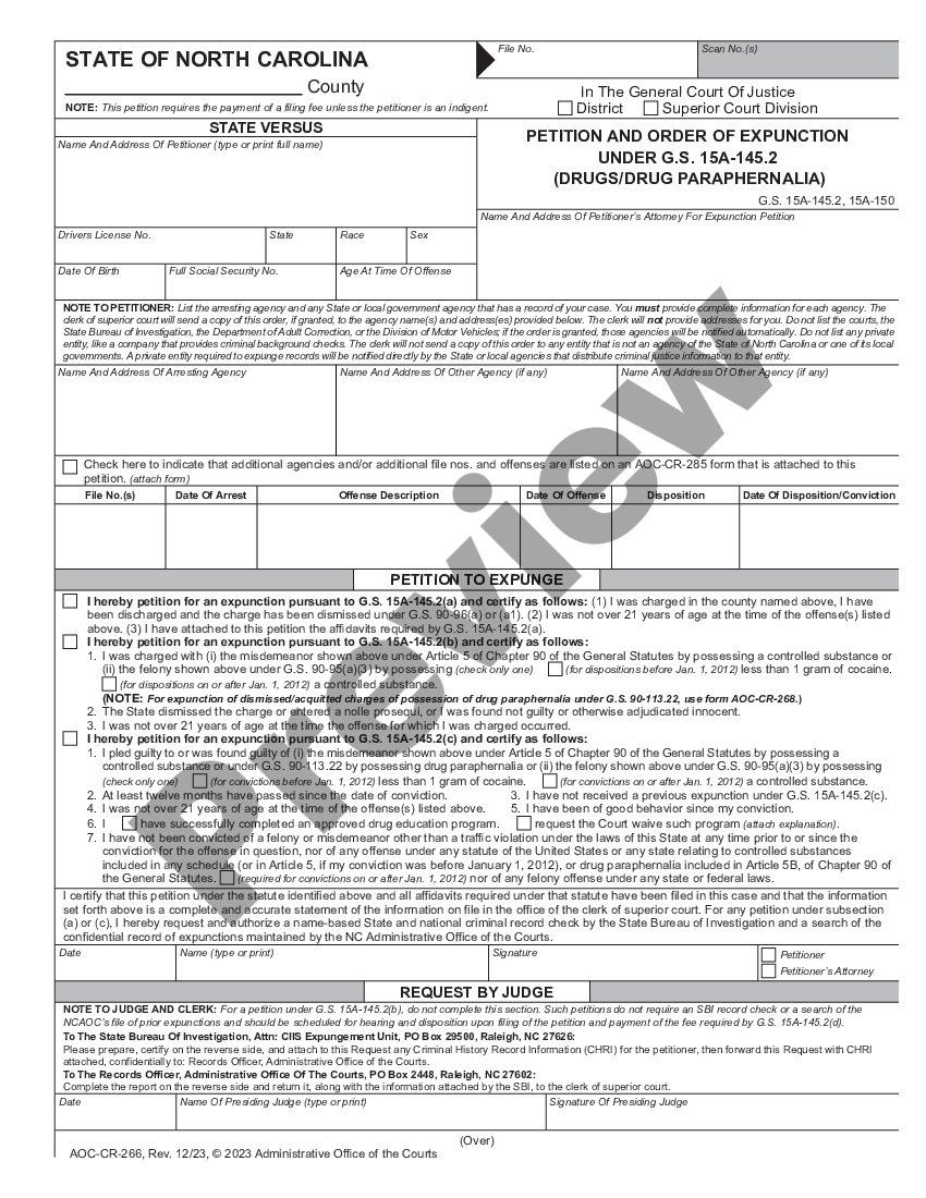 North Carolina Petition and Order of Expunction Under G.S. 15A145.2