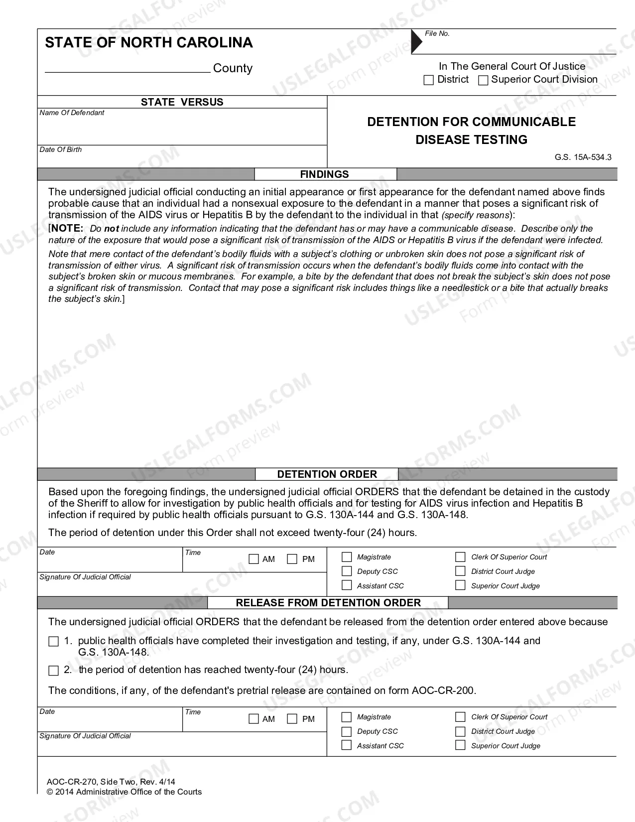 Preview Detention of Impaired Driver - Side One - Detention for Communicable Disease Testing - Side Two