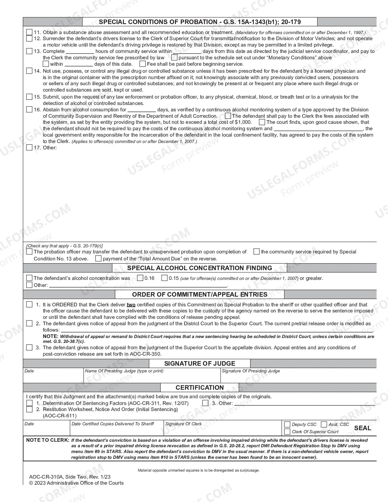 Preview AOC-CR-310A Impaired Driving - Judgment Suspending Sentence - Commitment on Special Probation