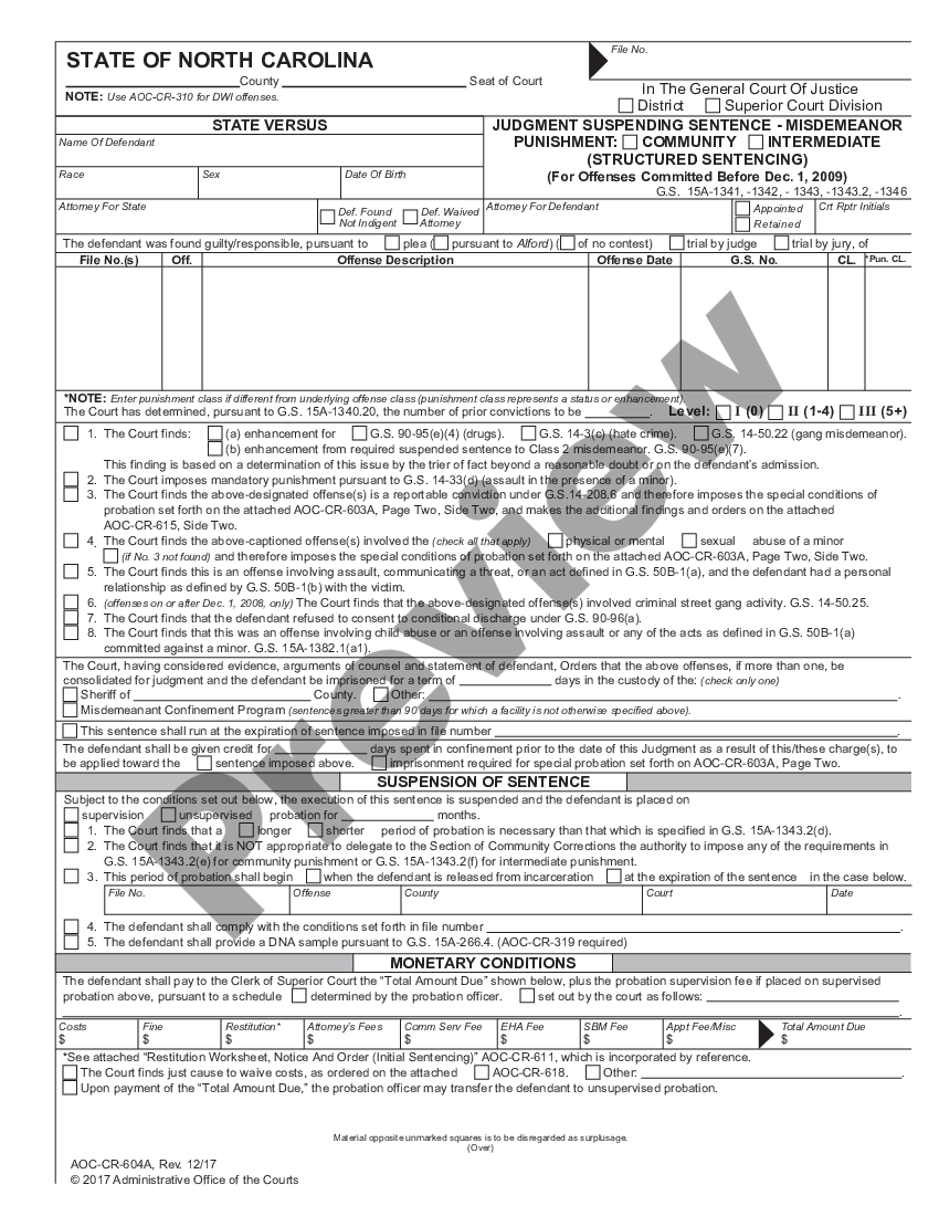 North Carolina Judgment Suspending Sentence - Misdemeanor Imposing An ...