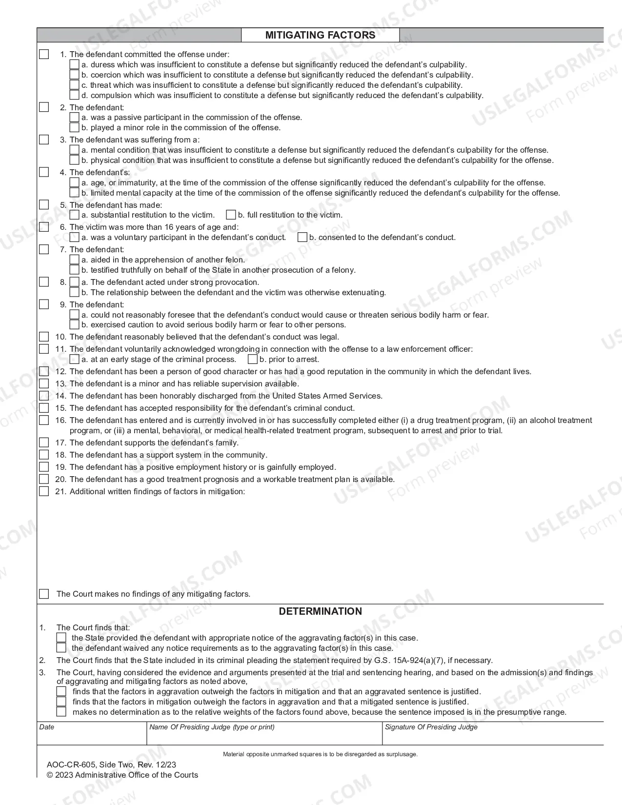 Preview Felony Judgment Findings of Aggravating and Mitigating Factors - Structured Sentencing