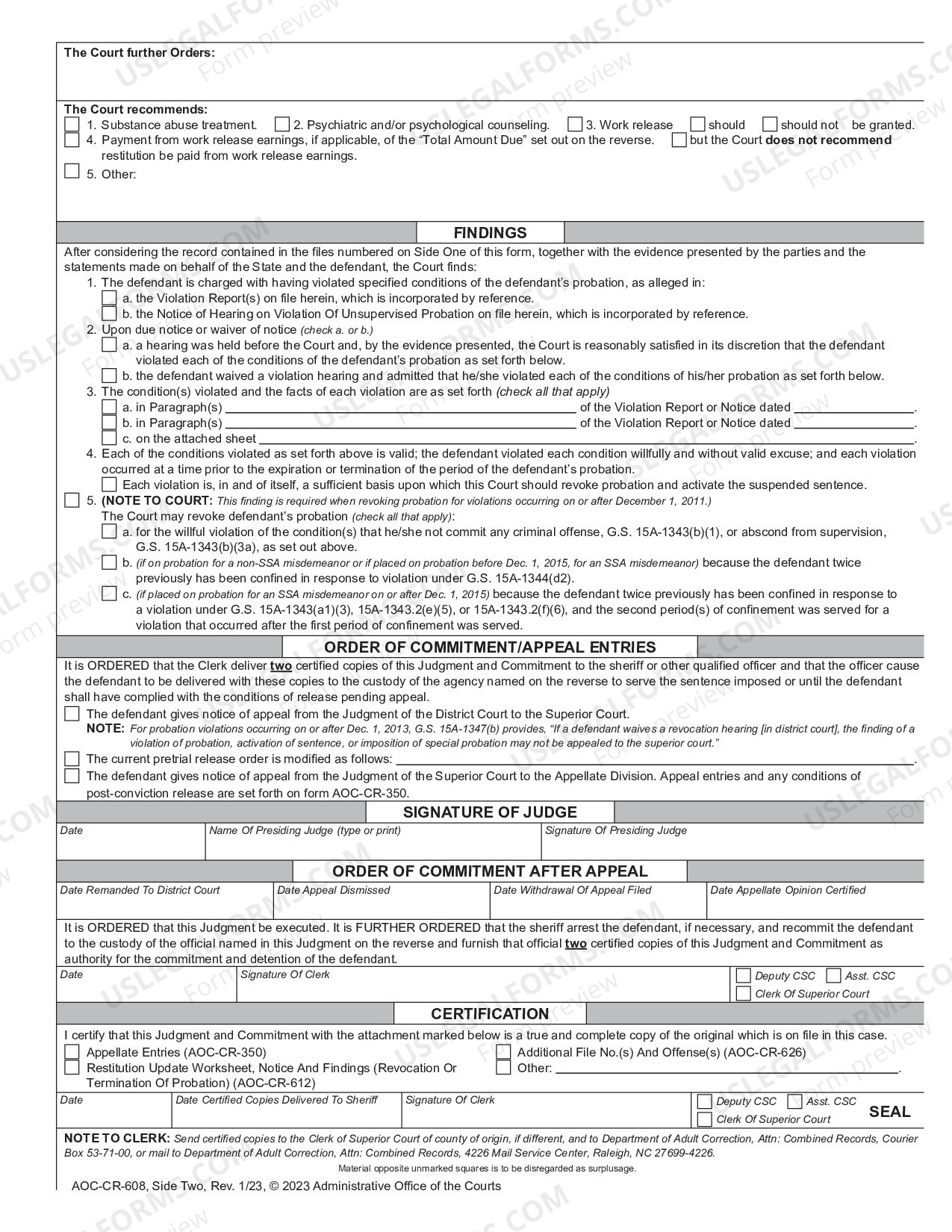 North Carolina Judgment and Commitment upon Revocation of Probation or