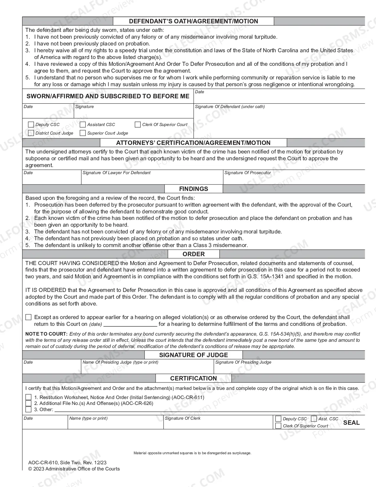 Preview Motion - Agreement and Order to Defer Prosecution - Structured Sentencing