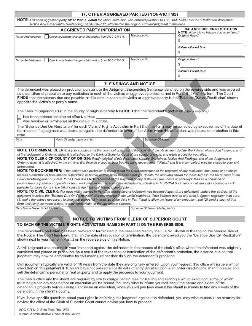 Charlotte North Carolina Restitution Update Worksheet, Notice and ...