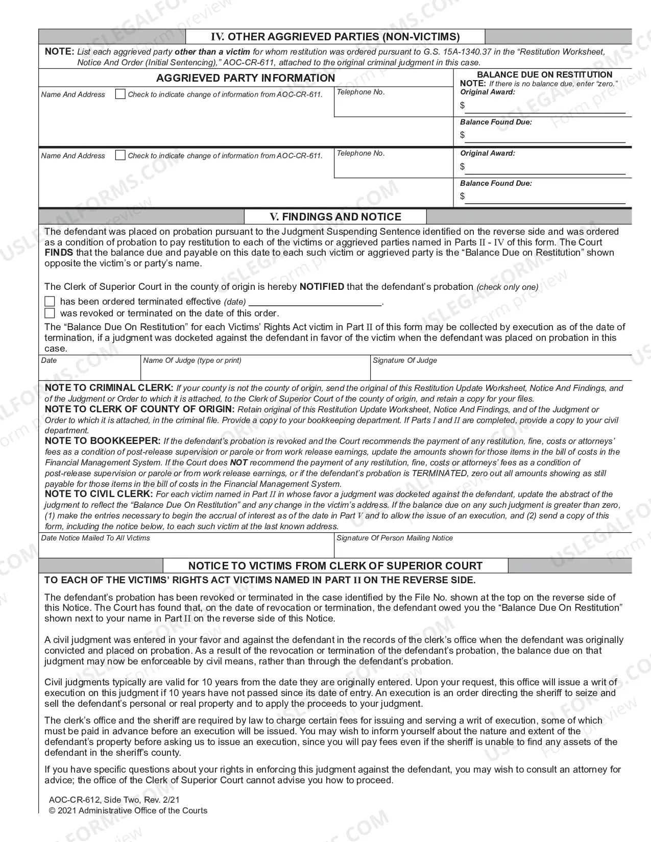 Preview Restitution Update Worksheet, Notice and Findings - Revocation or Termination of Probation