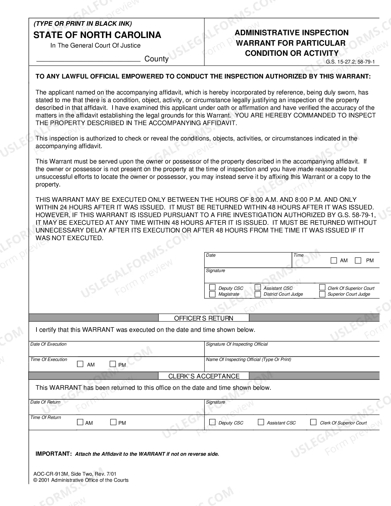 Preview Affidavit to Obtain Administration Inspection Warrant for Particular Condition or Activity - Side 1