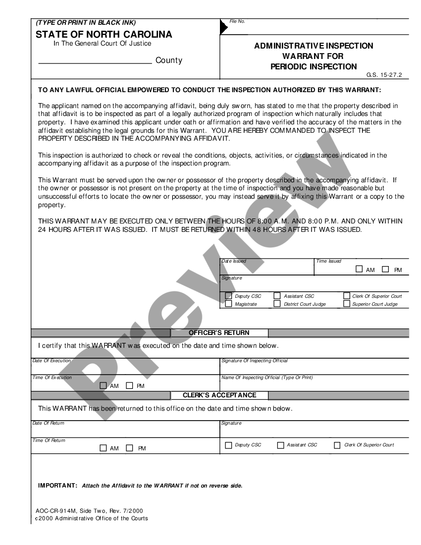 North Carolina Affidavit To Obtain Administrative Inspection Warrant For Periodic Inspection 3873