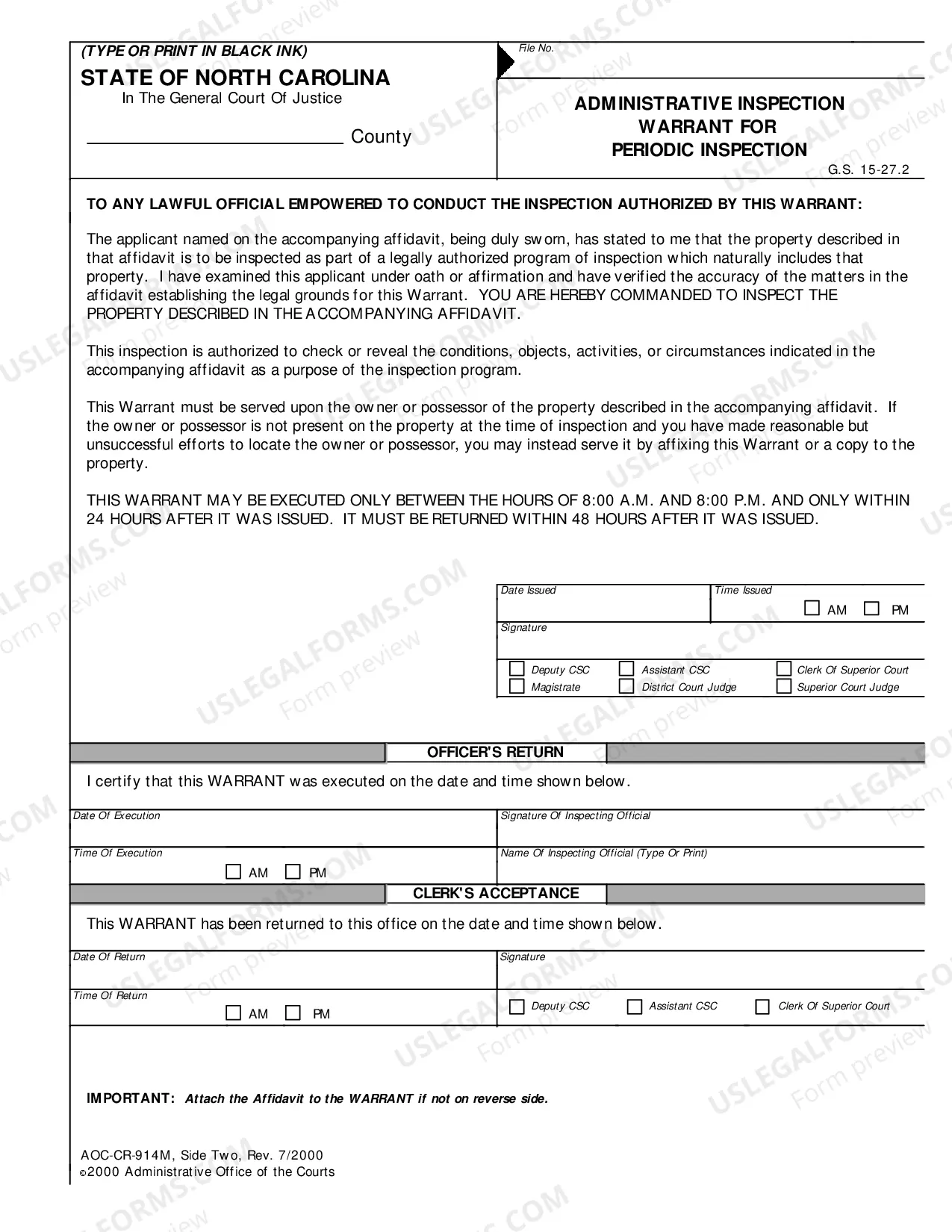 Preview Affidavit to Obtain Administrative Inspection Warrant for Periodic Inspection - Side 1