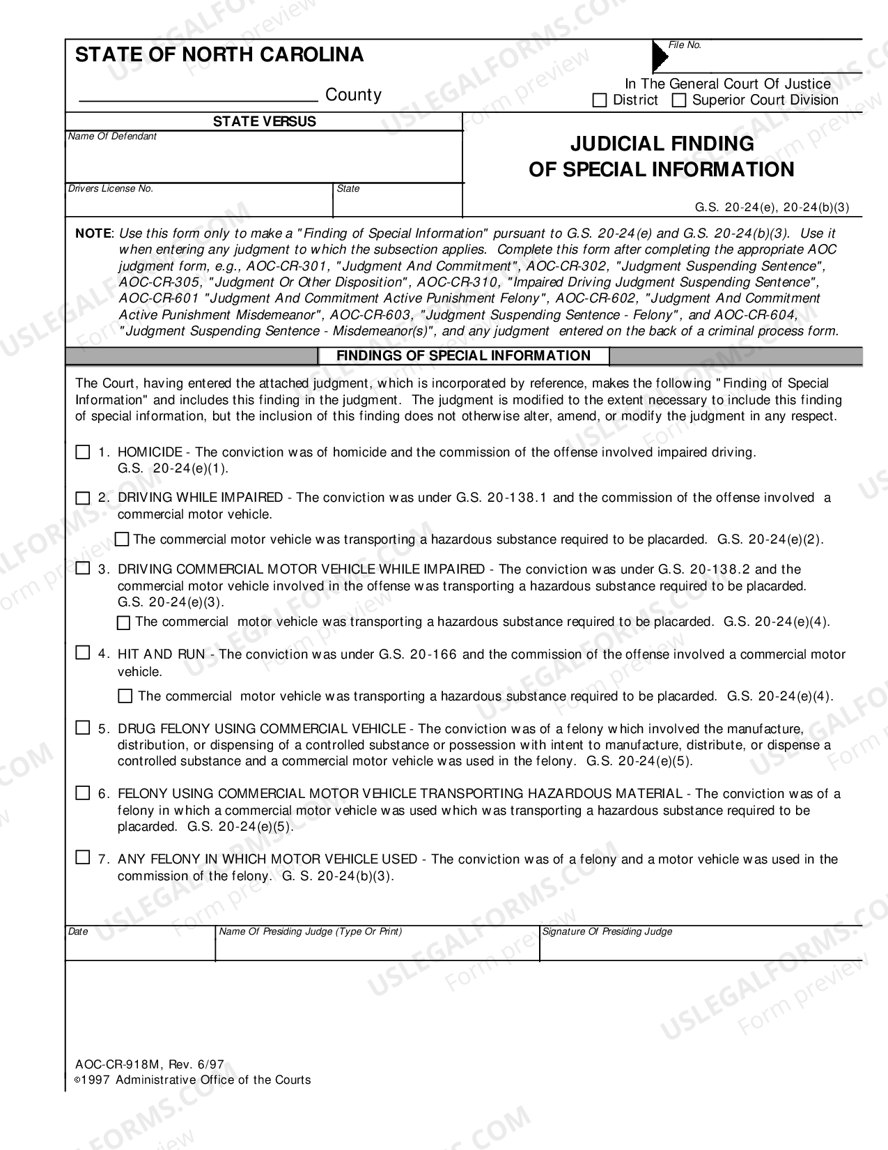 North Carolina Judicial Finding of Special Information US Legal Forms