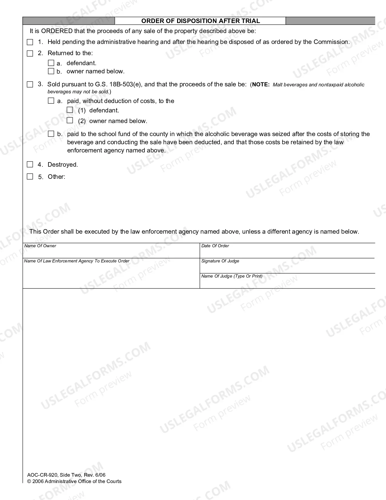 Preview Disposition Order Seized Alcoholic Beverage Only