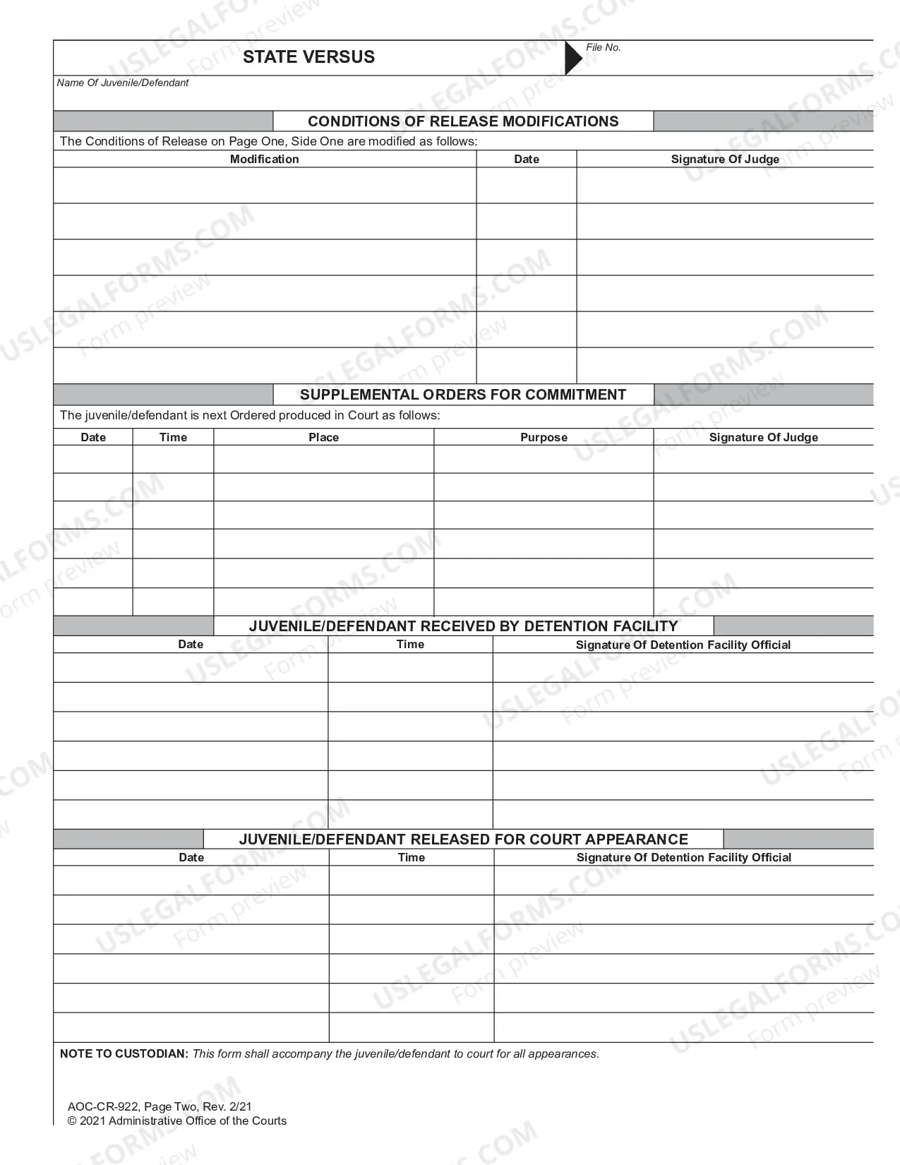 Preview Release Order for Juvenile Whose Case is Transferred to Superior Court
