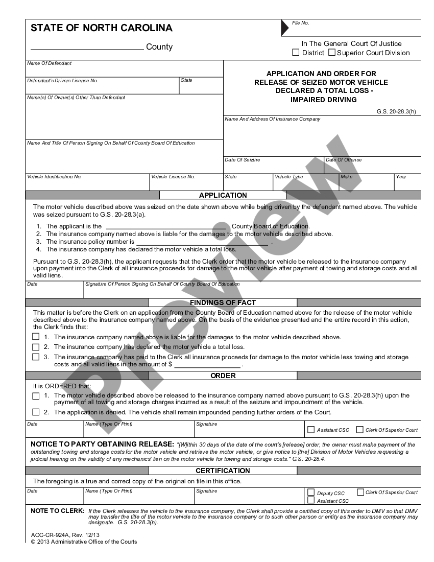 North Carolina Application and Order for Release of Seized Motor ...