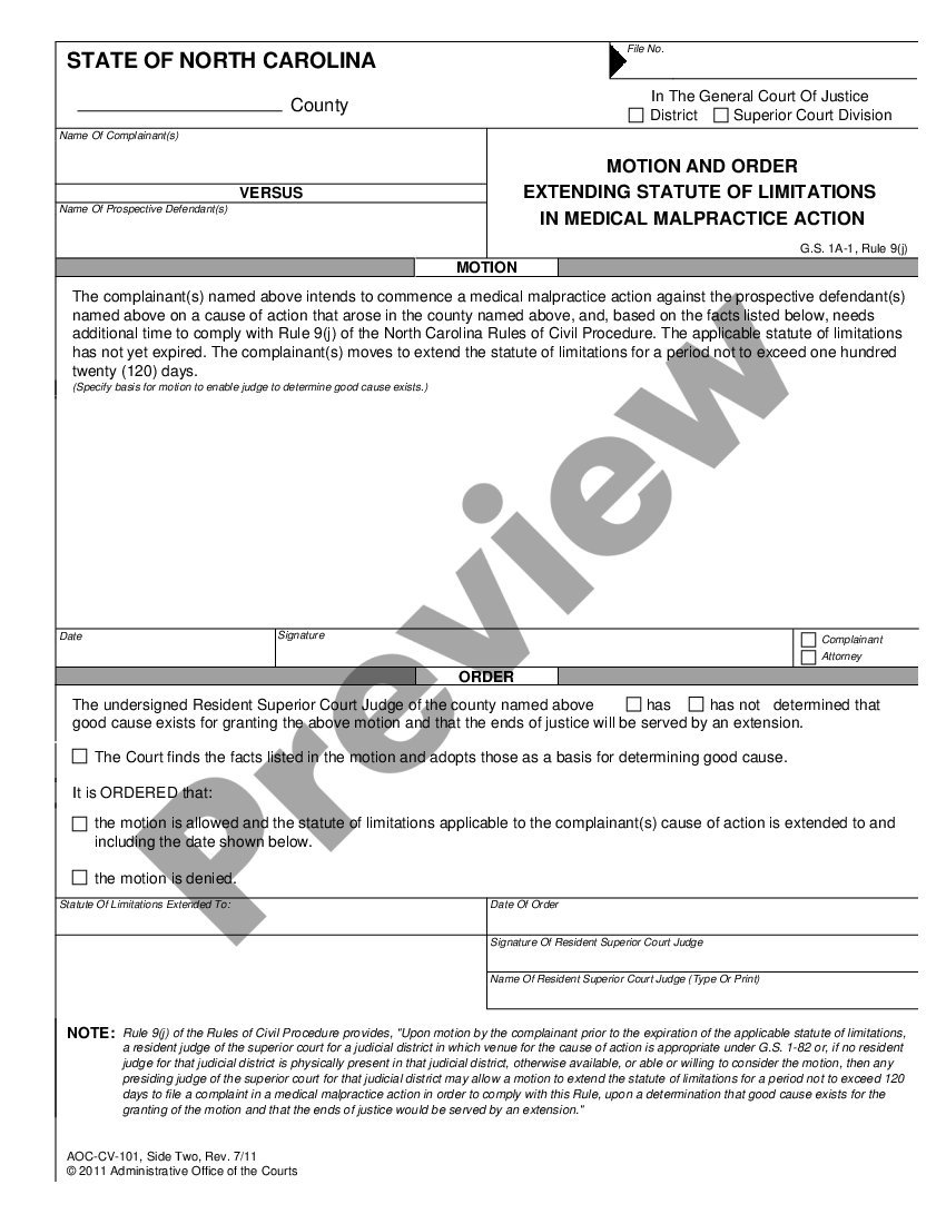 North Carolina Application and Order Extending Time to File Complaint ...