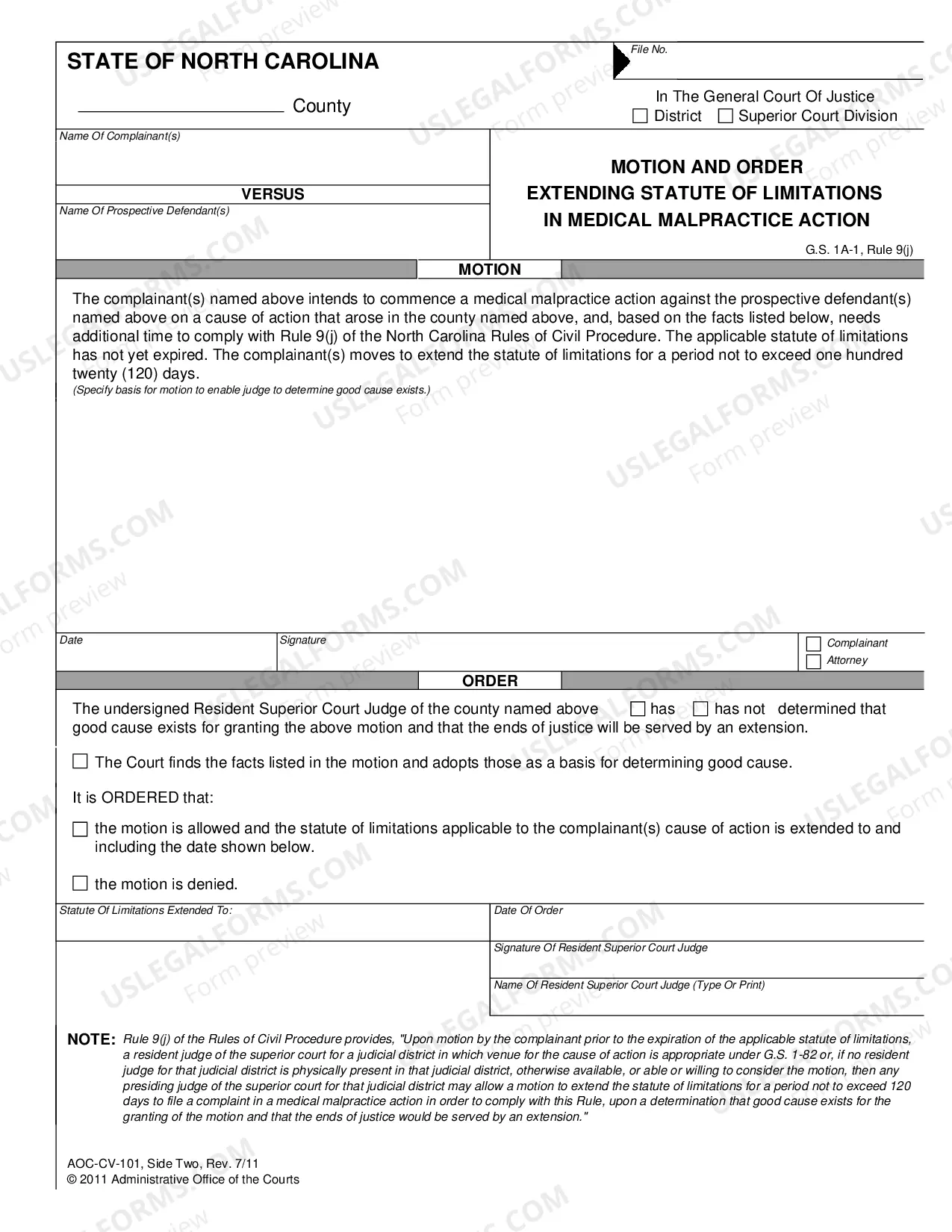 Preview Application and Order Extending Time to File Complaint and Motion and Order Extending Statute of Limitations in Medical Malpractice Action
