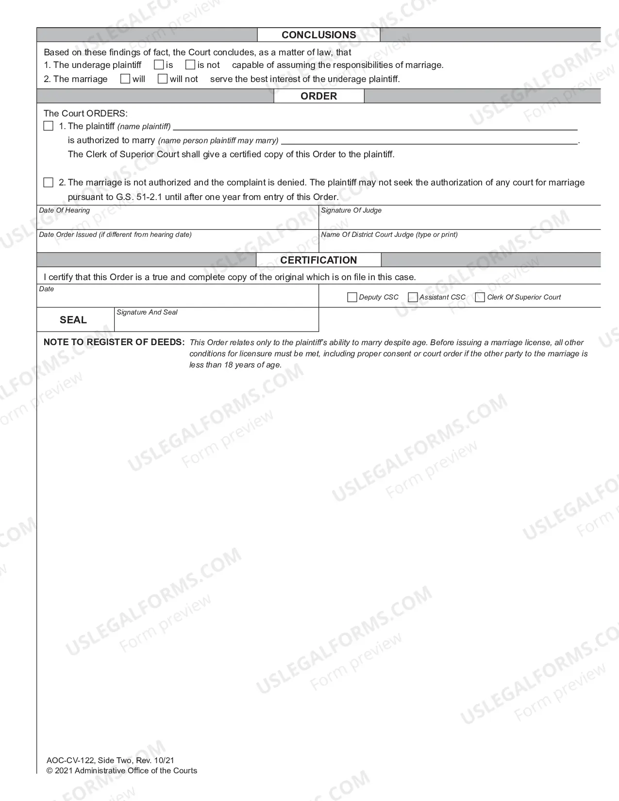 Preview Order In Civil Action To Authorize Underage Person To Marry