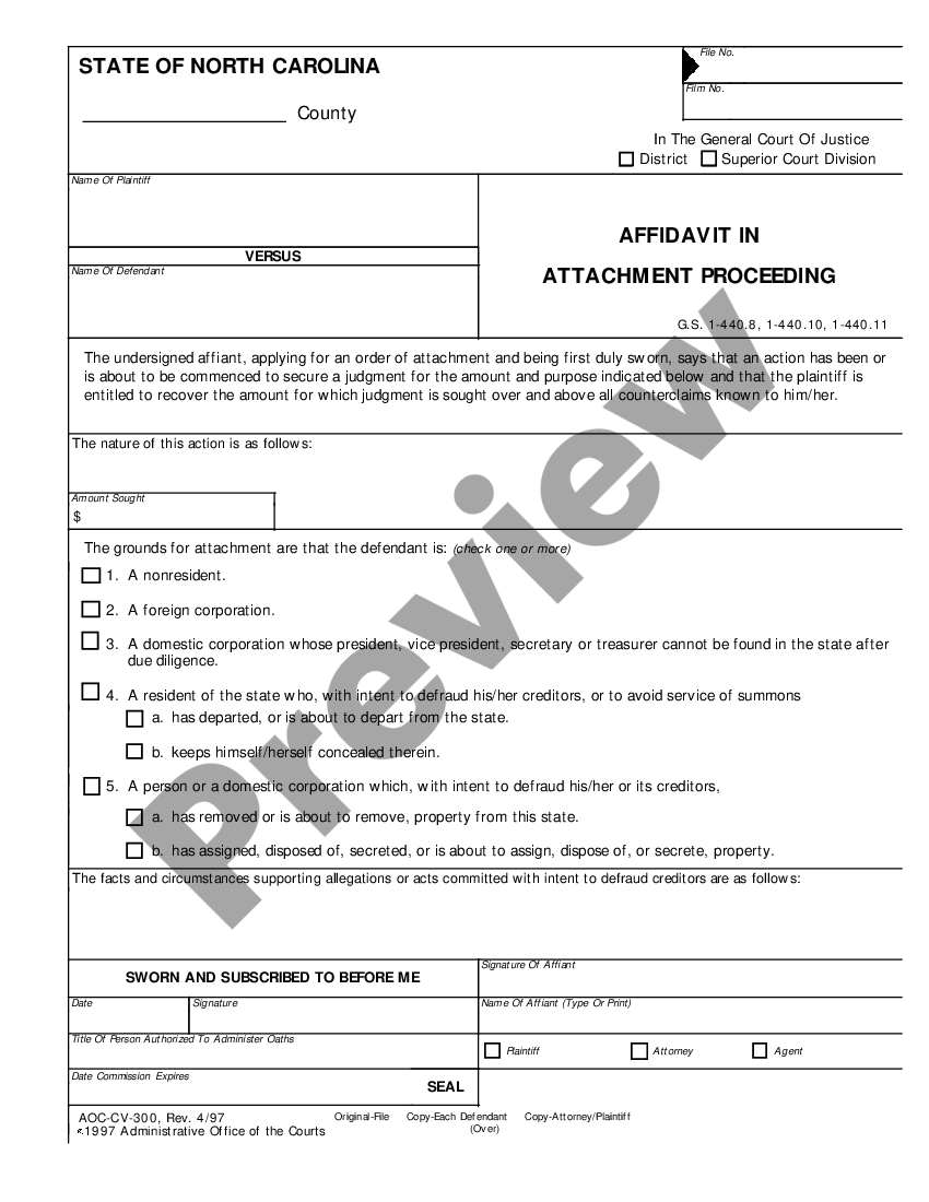 North Carolina Affidavit In Attachment Proceeding Us Legal Forms 2825