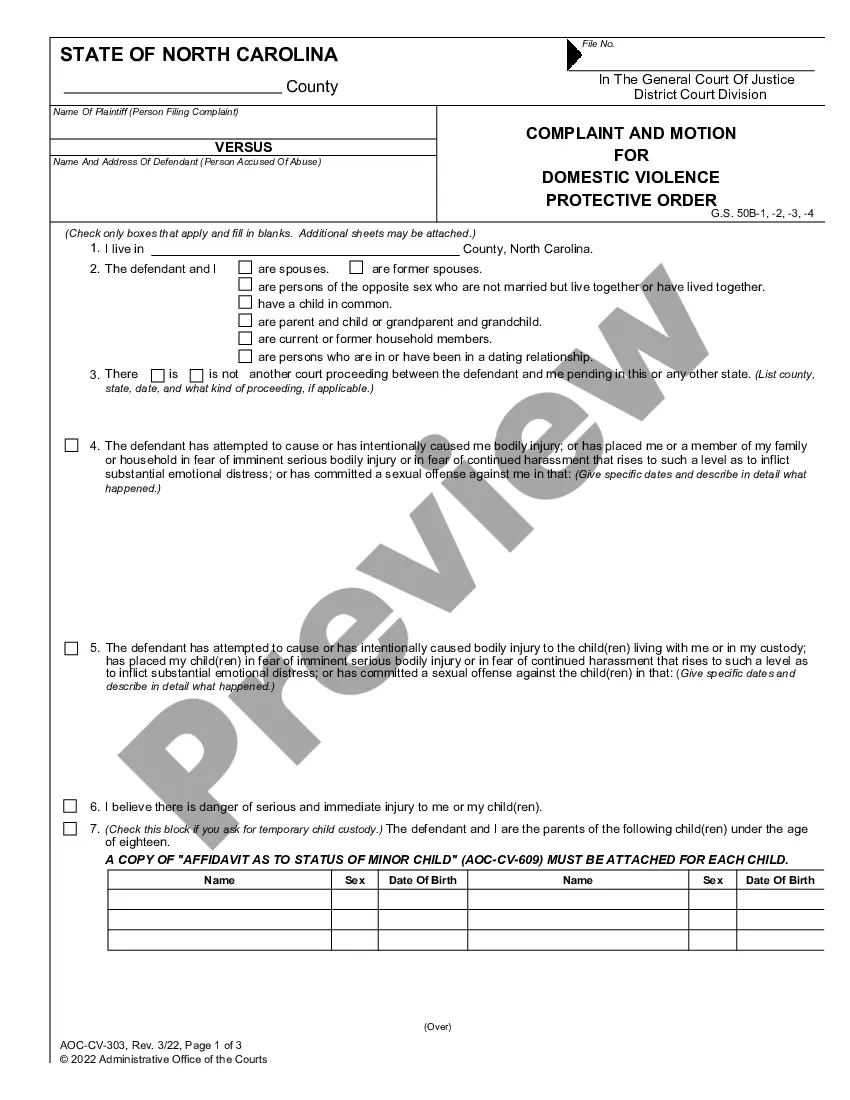 North Carolina Complaint and Order for Domestic Violence Protection ...