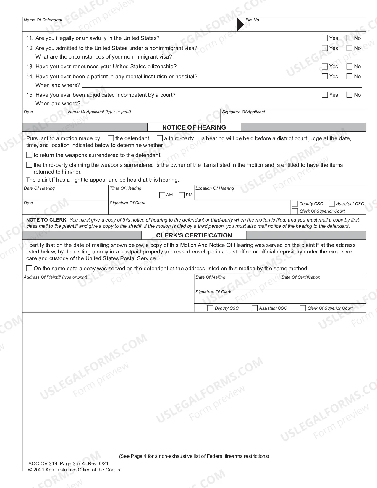 Preview Motion for Return of Weapons Surrendered Under Domestic Violence Protective Order and Notice of Hearing