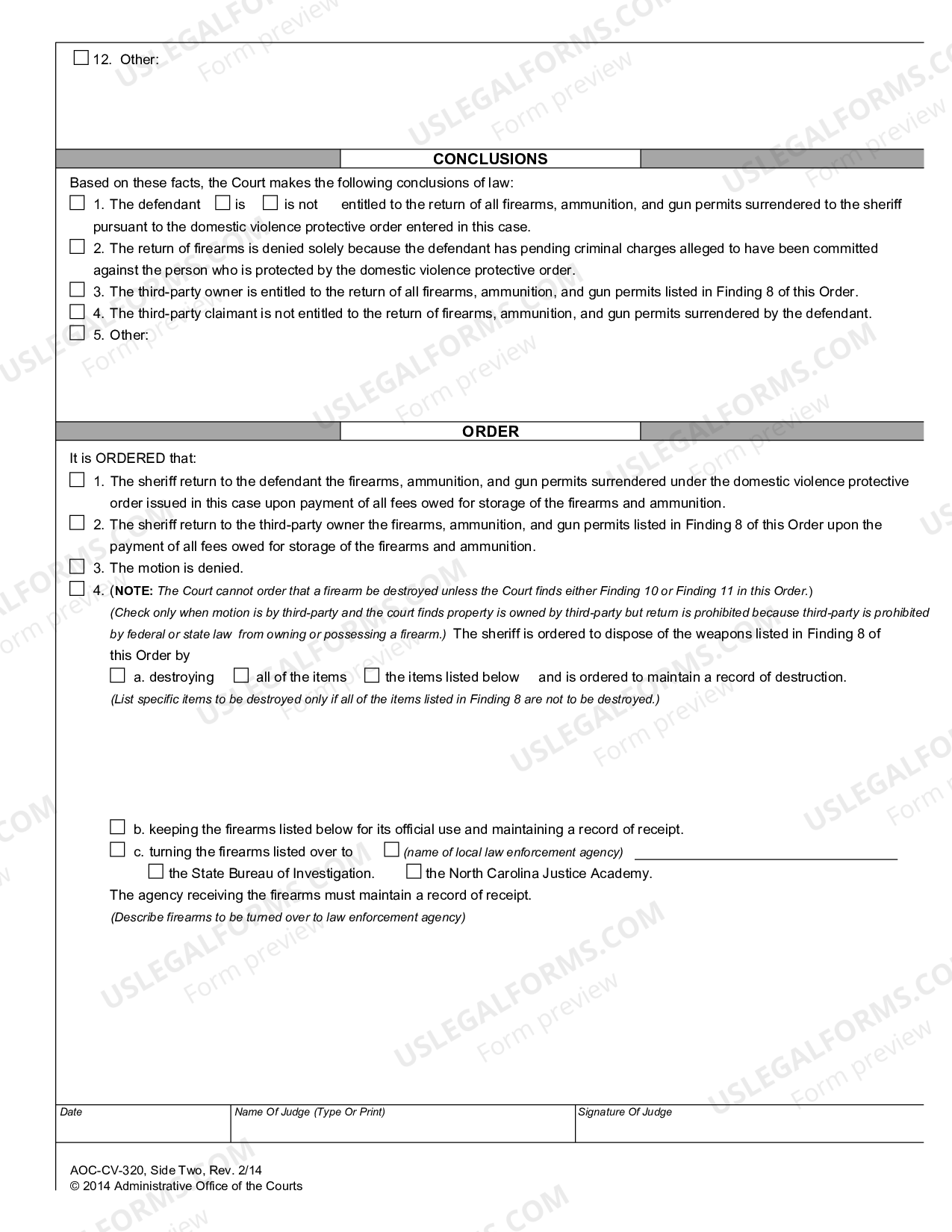 Greensboro North Carolina Order Upon Motion to Return Weapons Surrendered Under Domestic