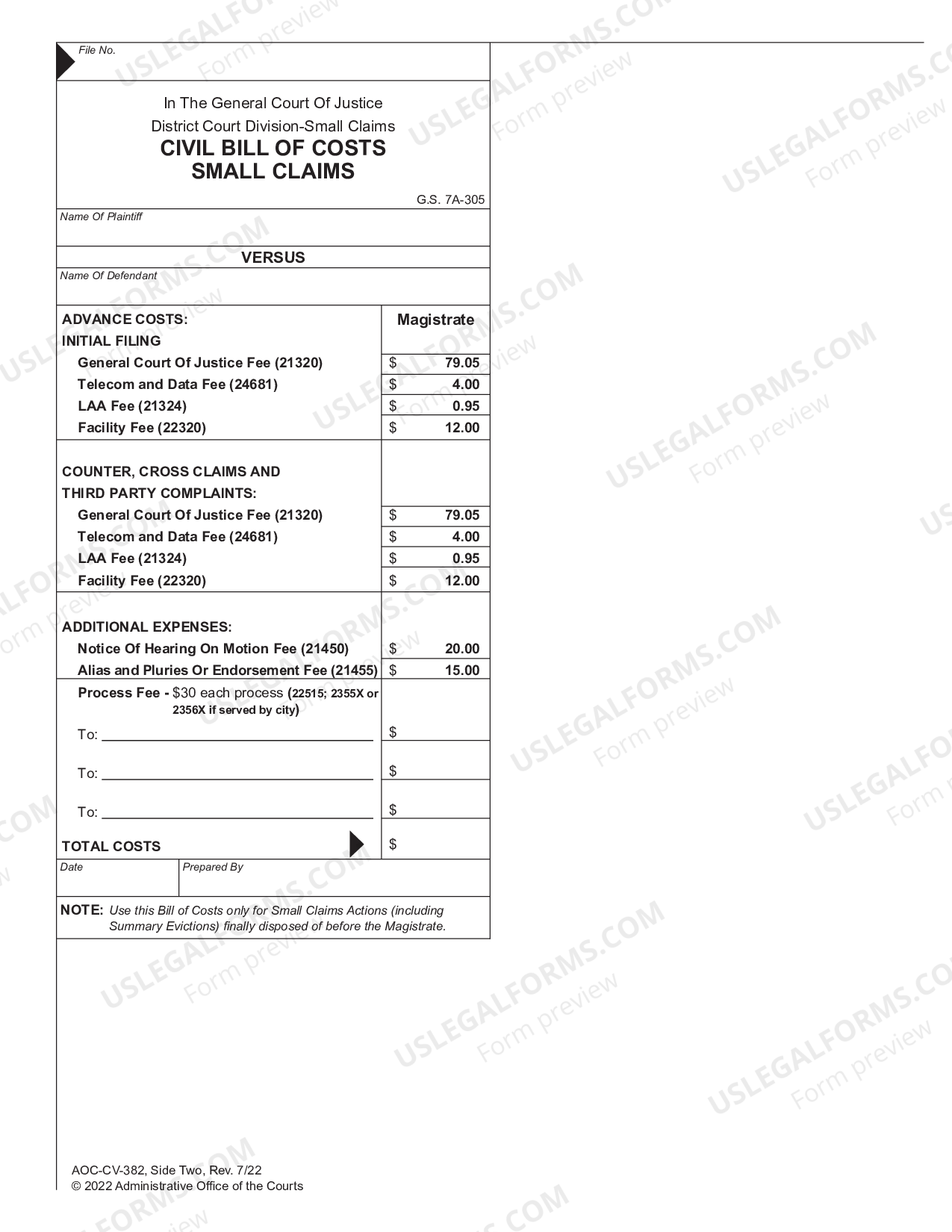 Charlotte North Carolina Civil Bill of Costs US Legal Forms