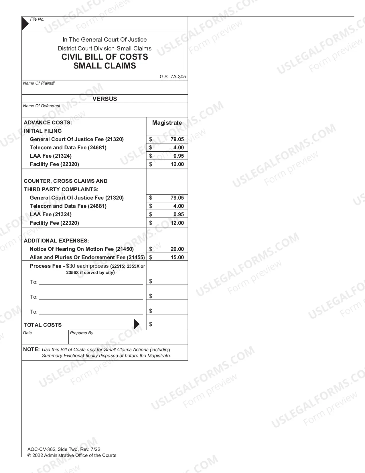 Preview Civil Bill of Costs