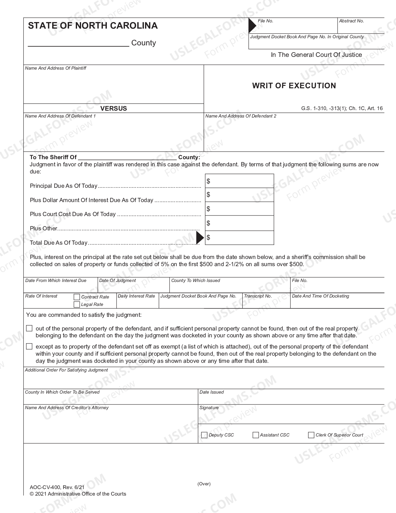 North Carolina Writ Of Execution US Legal Forms