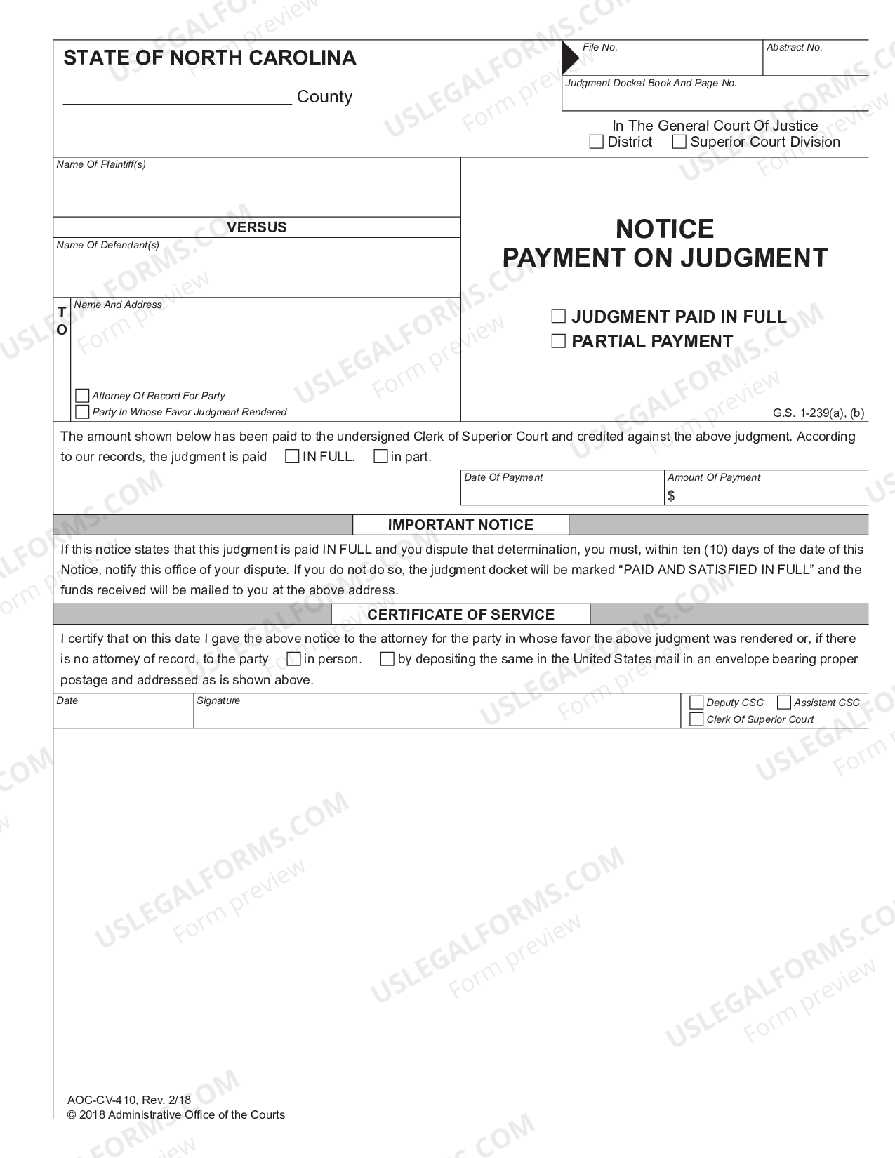 North Carolina Notice Payment On Judgment Judgment Paid In Full