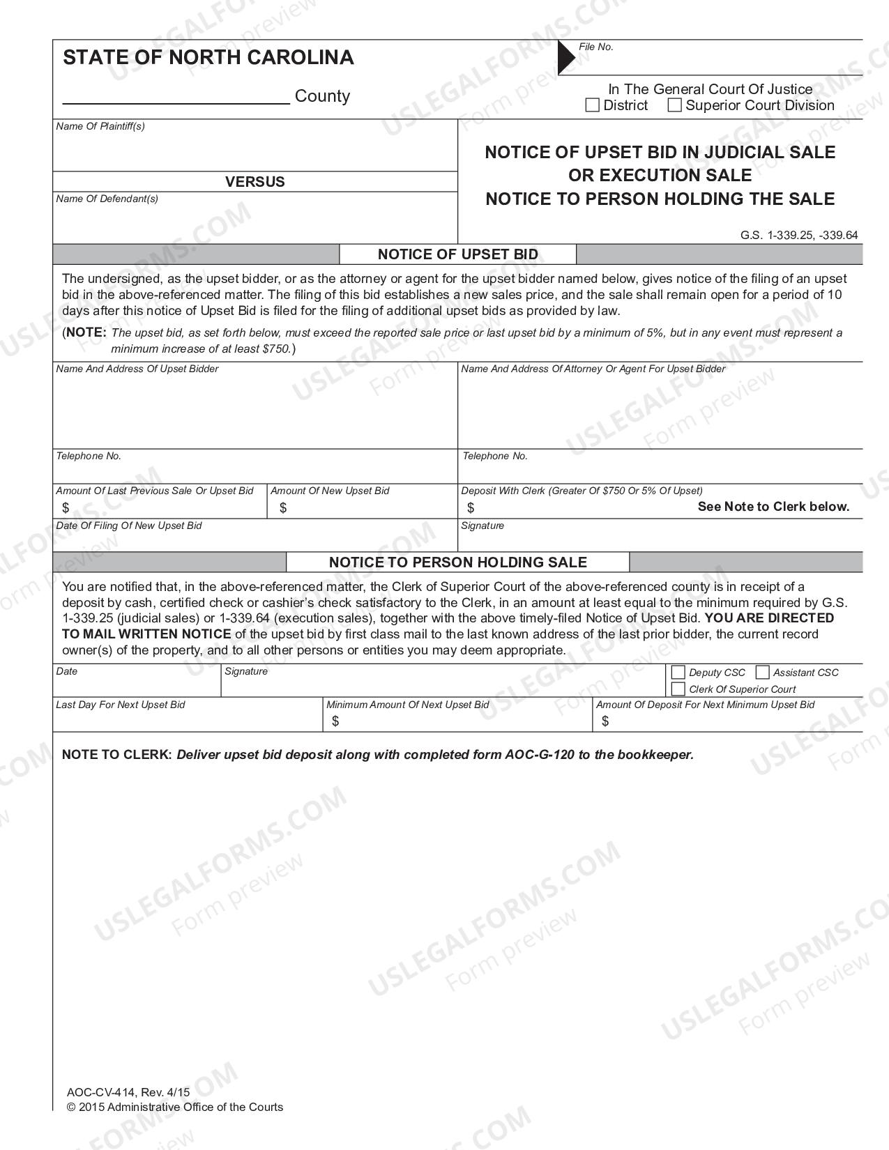 North Carolina Notice of Upset Bid in Judicial Sale or Execution Sale