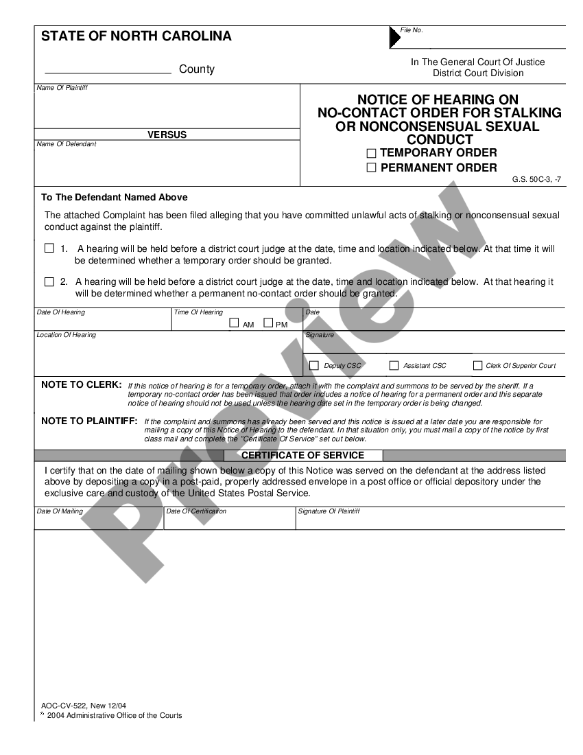 North Carolina Notice of Hearing on No-Contact Order for Stalking or ...