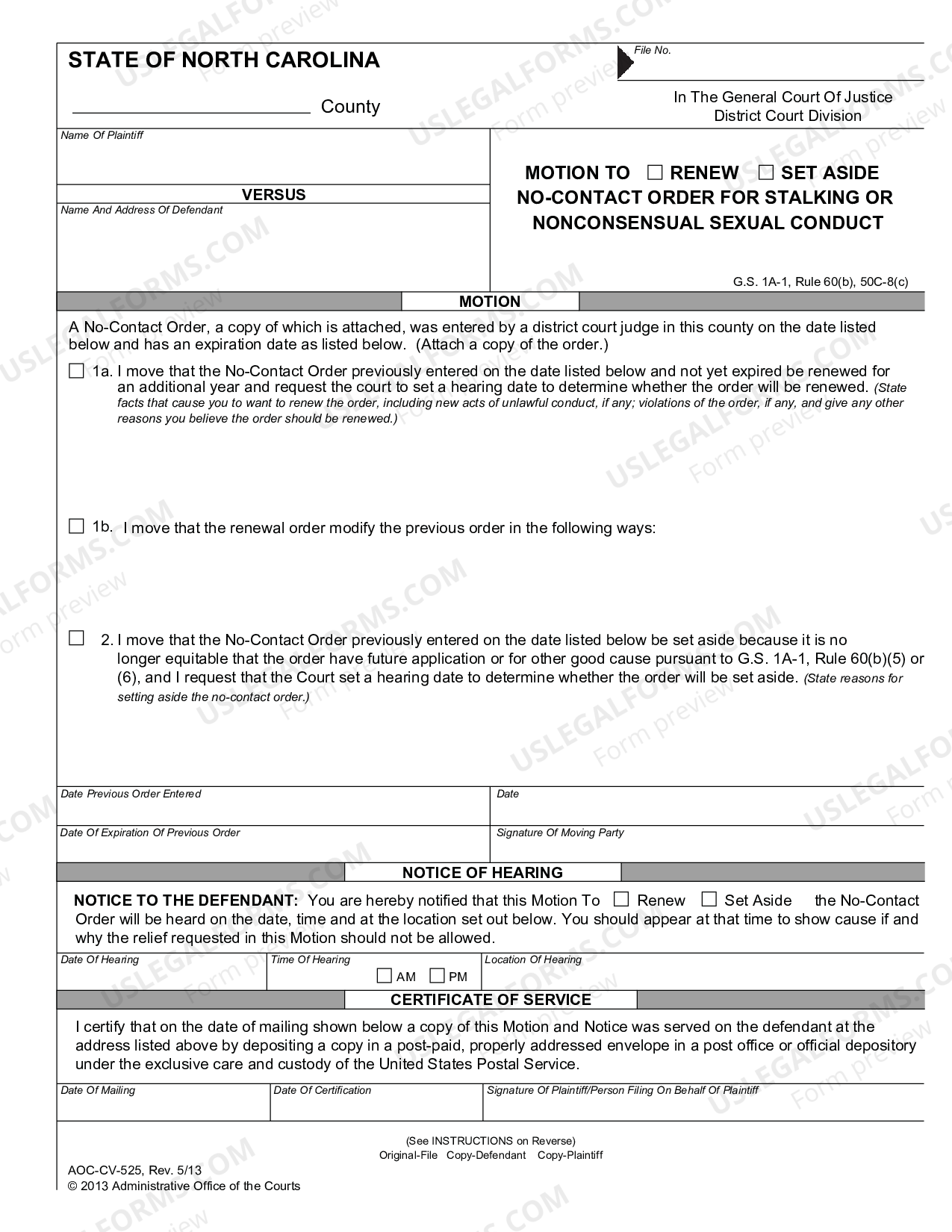 Fayetteville North Carolina Motion to Renew NoContact Order for