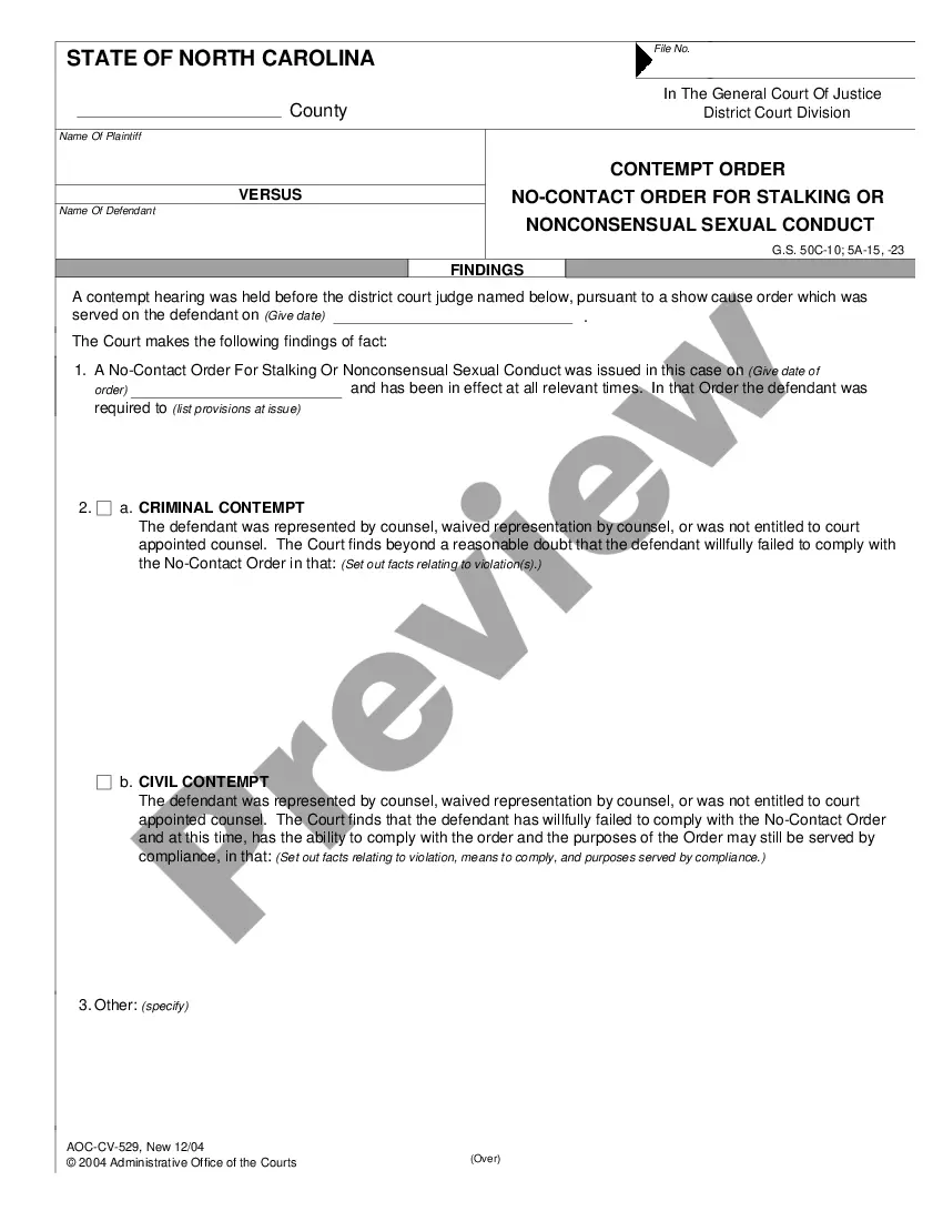 North Carolina Contempt Order NoContact Order for Stalking or