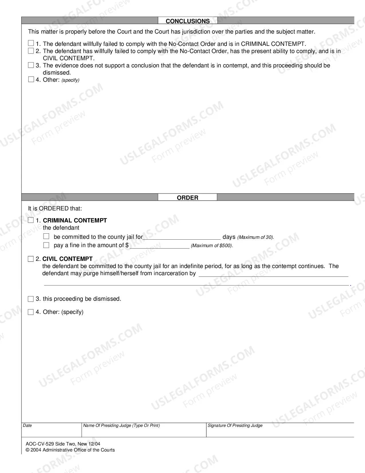 Preview Contempt Order No-Contact Order for Stalking or Nonconsensual Sexual Conduct