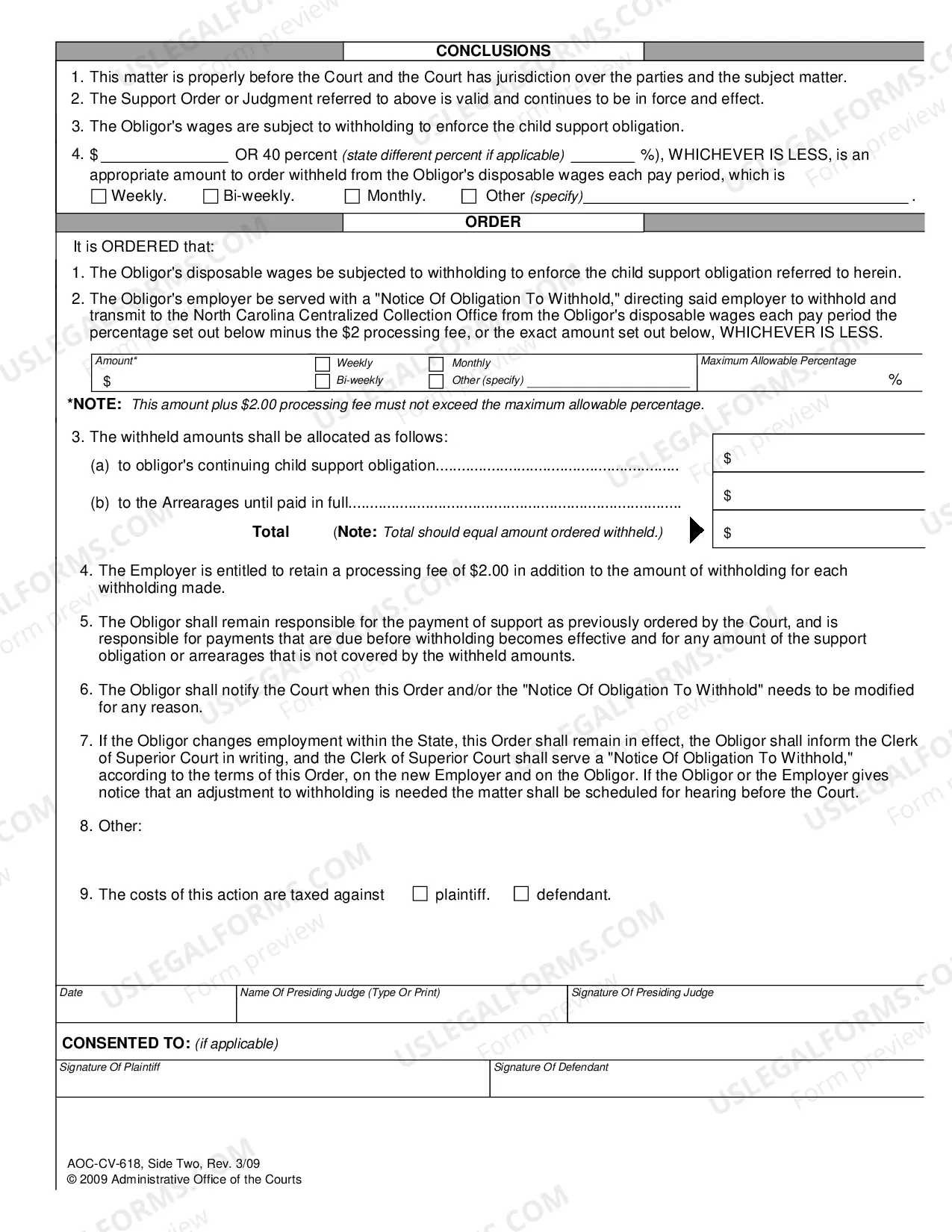Preview Order to Withhold Wages to Enforce Child Support