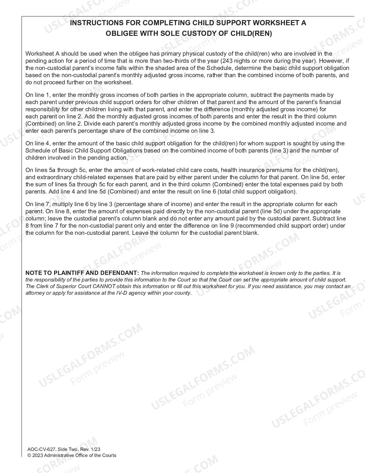 Preview Child Support Worksheet A - Child Support Obligation Sole Custody