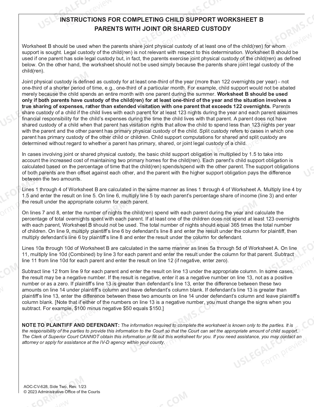 Preview Child Support Worksheet B - Child Support Obligation Joint or Shared Physical Custody
